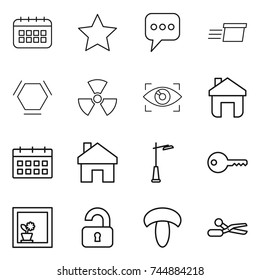 thin line icon set : calendar, star, message, delivery, hex molecule, nuclear, eye identity, home, outdoor light, key, flower in window, unlocked, mushroom, scissors