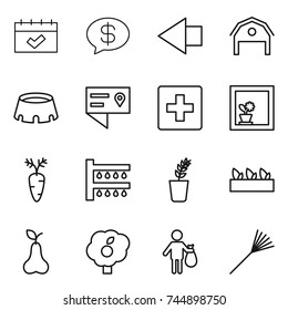 thin line icon set : calendar, money message, left arrow, barn, stadium, location details, first aid, flower in window, carrot, watering, seedling, pear, garden, trash, rake