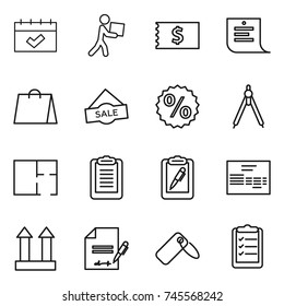 thin line icon set : calendar, courier, receipt, shopping list, bag, sale, percent, drawing compasses, plan, clipboard, pen, invoice, cargo top sign, inventory, label