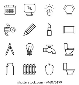 thin line icon set : calendar, monitor arrow, bulb, hex molecule, satellite, pencil, lipstick, fence, drawing compasses, water tap, toilet, bank, acorn