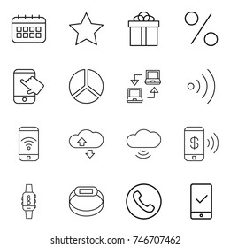 thin line icon set : calendar, star, gift, percent, touch, diagram, notebook connect, wireless, phone, cloude service, cloud, pay, smart watch, bracelet, mobile checking
