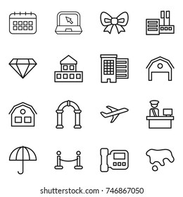 thin line icon set : calendar, notebook, bow, store, diamond, cottage, houses, barn, house, arch, plane, customs control, dry cargo, vip fence, intercome, spot