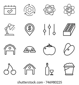 thin line icon set : calendar, around gear, atom, table lamp, dollar pin, equalizer, brick, barn, dome house, tomato, beans, cherry, wine, foam bucket