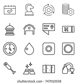 thin line icon set : calendar, chess horse, around gear, virtual mining, goverment house, barn, location details, ticket, watch, drop, ring button, blender, clean floor, window, dish cleanser
