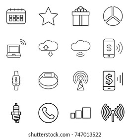 Thin Line Icon Set : Calendar, Star, Gift, Diagram, Notebook Wireless, Cloude Service, Cloud, Phone Pay, Smart Watch, Bracelet, Antenna, Mobile, Spark Plug, Sorting