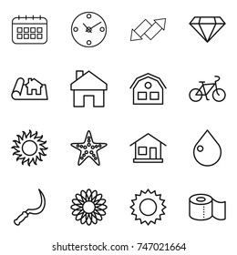 thin line icon set : calendar, clock, up down arrow, diamond, project, home, house, bike, sun, starfish, drop, sickle, flower, toilet paper