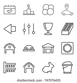 thin line icon set : calendar, pedestal, atom core, car pointer, left arrow, equalizer, wineglass, brick, barn, dome house, warehouse, ring button, watering, rabbit, foam bucket