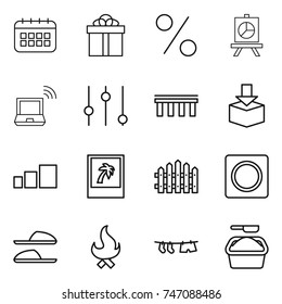 thin line icon set : calendar, gift, percent, presentation, notebook wireless, equalizer, bridge, package, sorting, photo, fence, ring button, slippers, fire, drying clothe, washing powder
