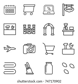 thin line icon set : calendar, delivery, notebook, shop signboard, tools, palace, arch, customs control, plane, camera, cart, repair, towel, knife holder, bank, seeds