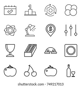 thin line icon set : calendar, pedestal, around gear, atom core, table lamp, dollar pin, equalizer, wineglass, brick, dome house, ring button, tomato, cherry, wine