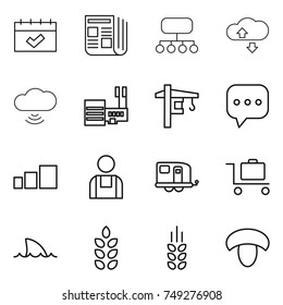 thin line icon set : calendar, newspaper, structure, cloude service, cloud wireless, mall, tower crane, sms, sorting, workman, trailer, baggage trolley, shark flipper, spikelets, mushroom