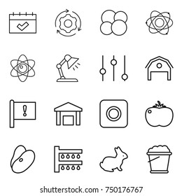 thin line icon set : calendar, around gear, atom core, table lamp, equalizer, barn, important flag, warehouse, ring button, tomato, beans, watering, rabbit, foam bucket