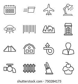 thin line icon set : calendar, delivery, plane, table lamp, ufo, bar code, project, building, pyramid, house, trip, client, water tap, radiator, knife holder, cupcake