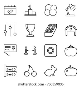 thin line icon set : calendar, pedestal, atom core, table lamp, equalizer, wineglass, brick, barn, location details, vip fence, ring button, tomato, watering, cherry, rabbit