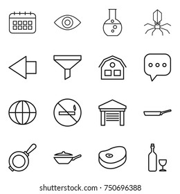 thin line icon set : calendar, eye, round flask, virus, left arrow, funnel, house, sms, globe, no smoking, garage, pan, steake, wine