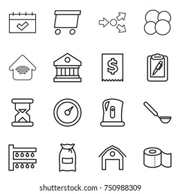 thin line icon set : calendar, delivery, core splitting, atom, wireless home, library, tax, clipboard pen, sand clock, barometer, kettle, ladle, watering, flour, barn, toilet paper