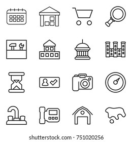 thin line icon set : calendar, warehouse, cart, magnifier, tools, cottage, government house, palace, sand clock, check in, camera, barometer, water tap, intercom, barn, spot