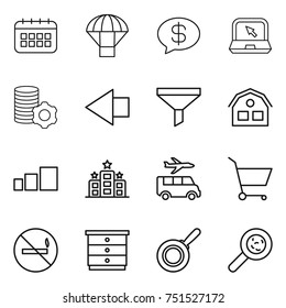 thin line icon set : calendar, parachute, money message, notebook, virtual mining, left arrow, funnel, house, sorting, hotel, transfer, cart, no smoking, chest of drawers, pan, viruses