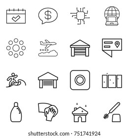 thin line icon set : calendar, money message, chip, notebook globe, round around, weather management, garage, location details, surfer, ring button, clean window, cleanser, wiping, house cleaning