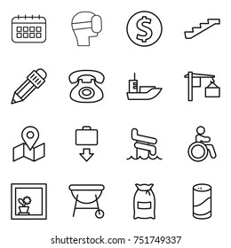 thin line icon set : calendar, virtual mask, dollar coin, stairs, pencil, phone, sea shipping, loading, map, baggage get, aquapark, invalid, flower in window, bbq, flour, cleanser powder