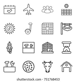 thin line icon set : calendar, plane, group, sun power, segway, cpu, shop signboard, spark plug, tools, office, sand clock, repair, cookies, cow, barn
