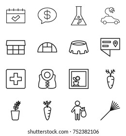 thin line icon set : calendar, money message, flask, electric car, market, greenhouse, stadium, location details, first aid, life vest, flower in window, carrot, seedling, trash, rake