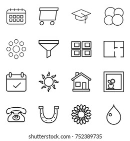 thin line icon set : calendar, delivery, graduate hat, atom core, round around, funnel, panel house, plan, terms, sun, home, flower in window, phone, horseshoe, drop