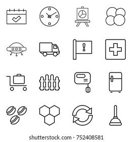 thin line icon set : calendar, clock, presentation, atom core, ufo, delivery, important flag, first aid, baggage trolley, fence, mixer, fridge, coffee seeds, honeycombs, reload, plunger