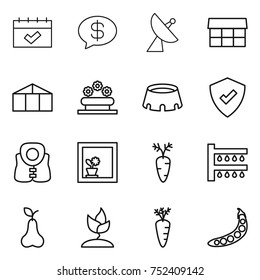 thin line icon set : calendar, money message, satellite antenna, market, greenhouse, flower bed, stadium, protected, life vest, in window, carrot, watering, pear, sprouting, peas