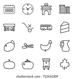 thin line icon set : calendar, clock, arch, district, gas station, do not trolley sign, bus, cake, lemon, scissors, chicken, jug, pumpkin, tomato, hive, maple leaf