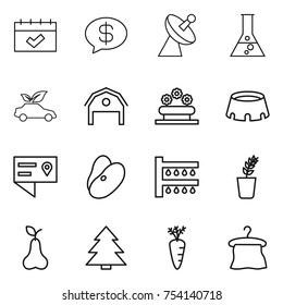 thin line icon set : calendar, money message, satellite antenna, flask, eco car, barn, flower bed, stadium, location details, beans, watering, seedling, pear, spruce, carrot, hanger