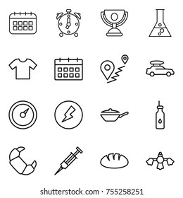 thin line icon set : calendar, alarm clock, trophy, flask, t shirt, route, car baggage, barometer, electricity, pan, vegetable oil, croissant, syringe, bread, hard reach place cleaning