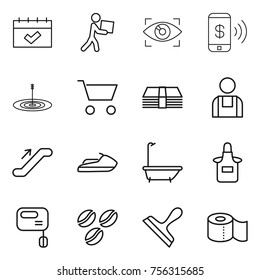 Thin line icon set : calendar, courier, eye identity, phone pay, target, cart, money, workman, escalator, jet ski, bath, apron, mixer, coffee seeds, scraper, toilet paper