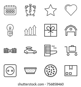 Thin line icon set : calendar, alarm clock, star, heart, bulb, graph up, gift, barn, school, car baggage, hotel, trolley, power socket, colander, cookies, package