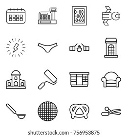 Thin line icon set : calendar, cashbox, abacus, satellite, lightning, underpants, drawbridge, building, mansion, repair, wardrobe, armchair, ladle, sieve, pretzel, scissors