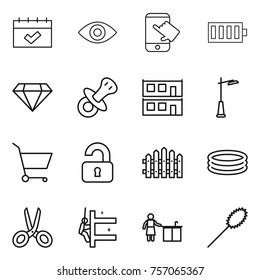 Thin line icon set : calendar, eye, touch, battery, diamond, nipple, modular house, outdoor light, cart, unlocked, fence, inflatable pool, scissors, skyscrapers cleaning, kitchen, duster
