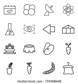 Thin line icon set : calendar, atom core, satellite antenna, flask, eye identity, left arrow, greenhouse, flower bed, stadium, beans, carrot, seedling, peas, hanger