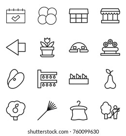 Thin line icon set : calendar, atom core, market, left arrow, flower, dome house, bed, beans, watering, seedling, pear, garden, rake, hanger, cleaning
