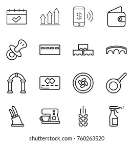 Thin line icon set : calendar, graph up, phone pay, wallet, nipple, bunker, block wall, bridge, arch, credit card, cooler fan, pan, knife holder, coffee maker, spikelets, sprayer