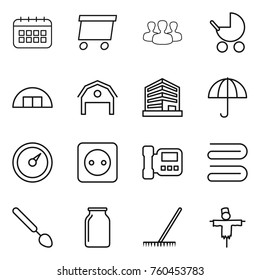 Thin line icon set : calendar, delivery, group, baby stroller, hangare, barn, office, dry cargo, barometer, power socket, intercome, towel, big spoon, bank, rake, scarecrow