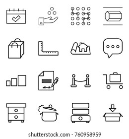 Thin line icon set : calendar, chemical industry, chip, nano tube, shopping bag, ruler, project, sms, sorting, inventory, vip fence, baggage trolley, nightstand, steam pan, double boiler, package