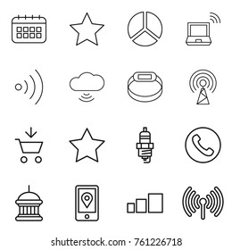 Thin line icon set : calendar, star, diagram, notebook wireless, cloud, smart bracelet, antenna, add to cart, spark plug, phone, goverment house, mobile location, sorting
