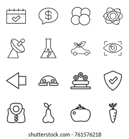 Thin line icon set : calendar, money message, atom core, satellite antenna, flask, eco car, eye identity, left arrow, dome house, flower bed, protected, life vest, pear, tomato, carrot