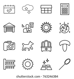 Thin line icon set : calendar, cloude service, market, calculator, garage, architector, sun, disco ball, camera, dog, dresser, mushroom, watering, clean floor, duster