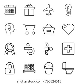 Thin line icon set : calendar, gift, plane, bulb, head, cart, remove from basket, heart, medal, trip, satellite, first aid, locked, spices, bucket, toilet