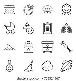 Thin line icon set : calendar, stopwatch, ufo, medal, baby stroller, trip, clipboard, hotel, shark flipper, locked, nightstand, blender, thermometer, broom, pile of garbage, bug