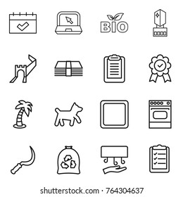 Thin line icon set : calendar, notebook, bio, crystall memory, greate wall, money, clipboard, medal, palm, dog, cutting board, oven, sickle, garbage bag, hand dryer, list