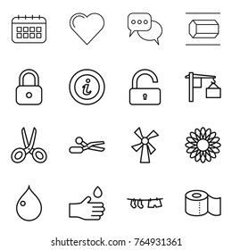 Thin line icon set : calendar, heart, discussion, nano tube, lock, info, unlock, loading, scissors, windmill, flower, drop, hand, drying clothe, toilet paper