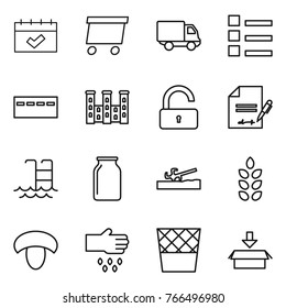 Thin line icon set : calendar, delivery, list, bunker, palace, unlock, inventory, pool, bank, soil cutter, spikelets, mushroom, sow, trash bin, package