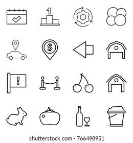 Thin line icon set : calendar, pedestal, around gear, atom core, car pointer, dollar pin, left arrow, barn, important flag, vip fence, cherry, rabbit, tomato, wine, foam bucket